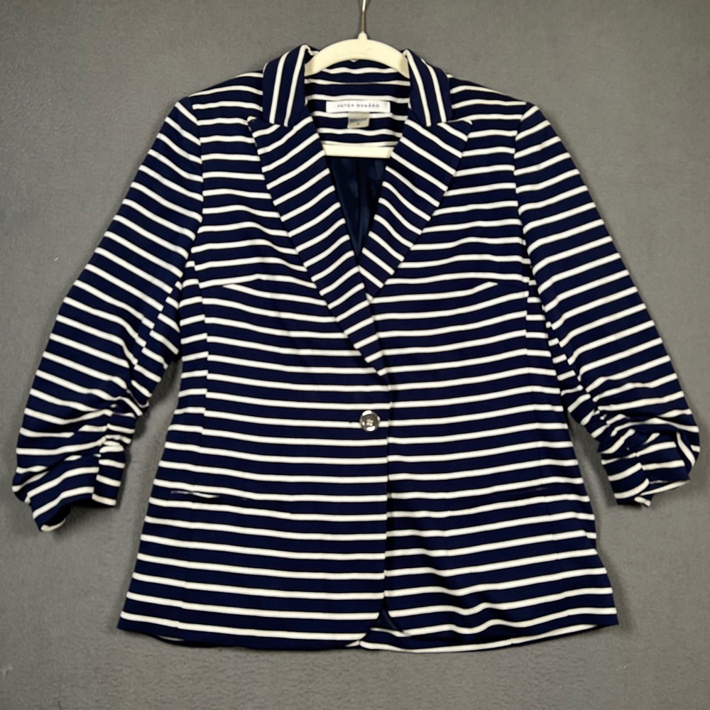 Peter Nygard Blazer Womens 8 Blue Striped Ruched 3/4 Sleeve Single Button Jacket